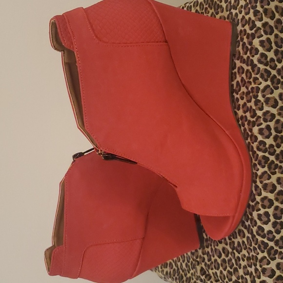 Red Peep Toe Wedge Heel Booties - Picture 1 of 6